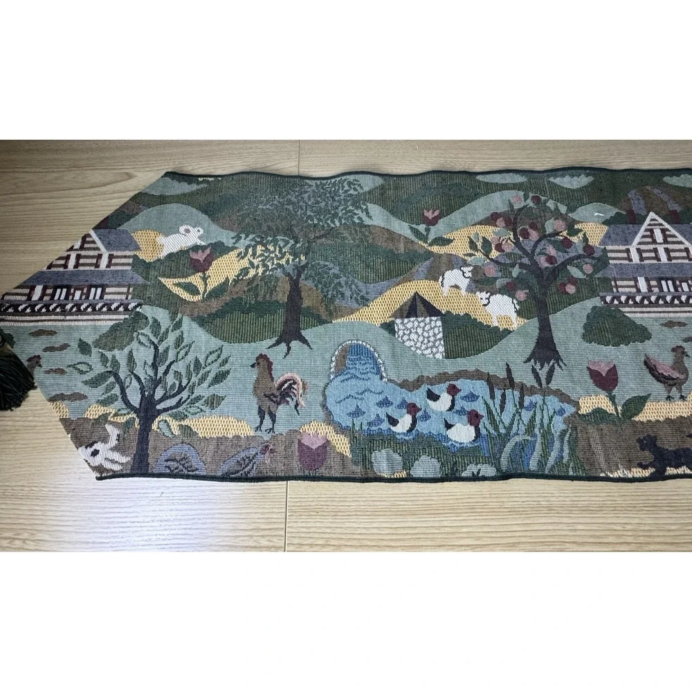 Green Tapestry Table Runner Fringed Tasseled Farm Life Animals Country 3 Pc
